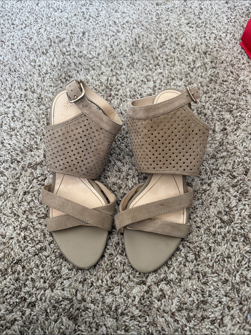 Isola Taupe Perforated Suede Ankle-Wrap Wedge Sandals